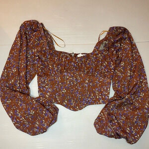 ASTR The Label Penny Floral Puff Sleeve Brown Purple Top Size S